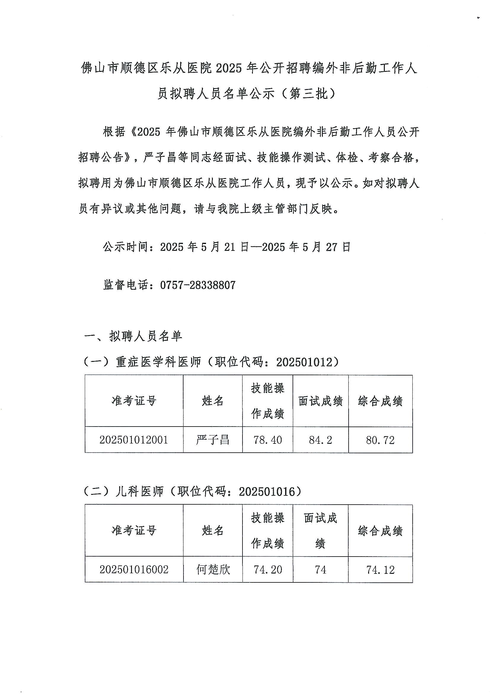 佛山市顺德区乐从医院2025年公开招聘编外非后勤工作人员拟聘人员名单公示（第三批）1.JPG