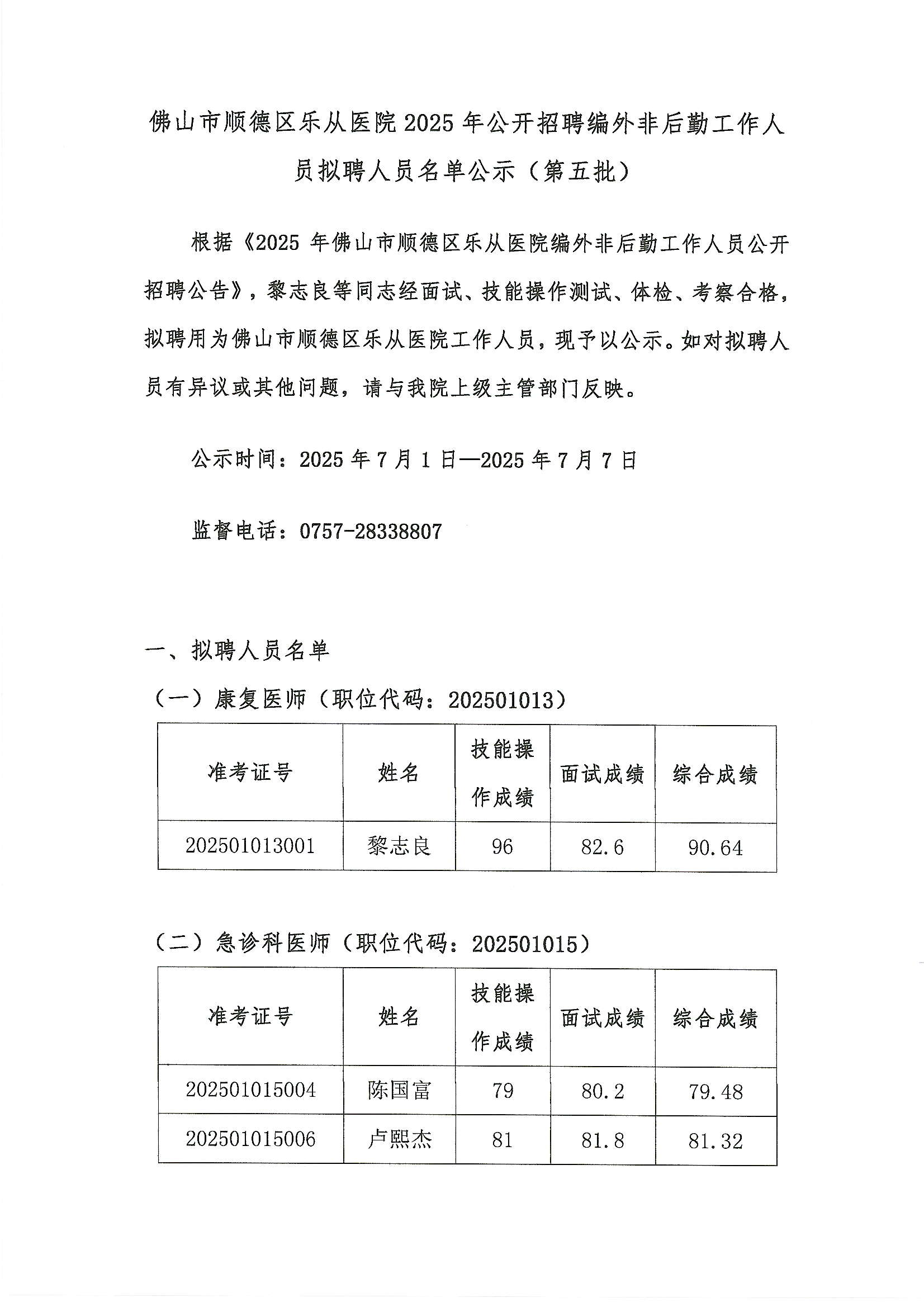 佛山市顺德区乐从医院2025年公开招聘编外非后勤工作人员拟聘人员名单公示（第五批）1.JPG